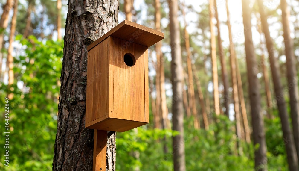 Naklejka premium Wooden birdhouse mounted on a tree in a sunny forest