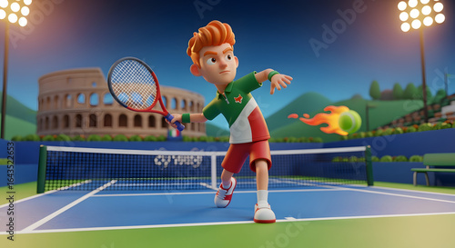 Boy playing tennis with a fiery ball near the colosseum landmark. Perfect for sports, travel, and historical content needing a dynamic focal point.