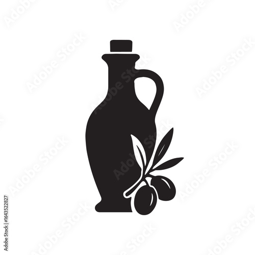 Classic olive oil bottle accented with olives — silhouette icon on a white background