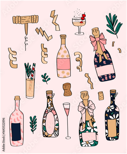 set of sparkling wine bottles and glasses
