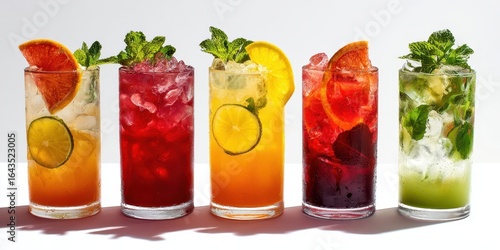 The colorful array of refreshing summer drinks in stylish glasses