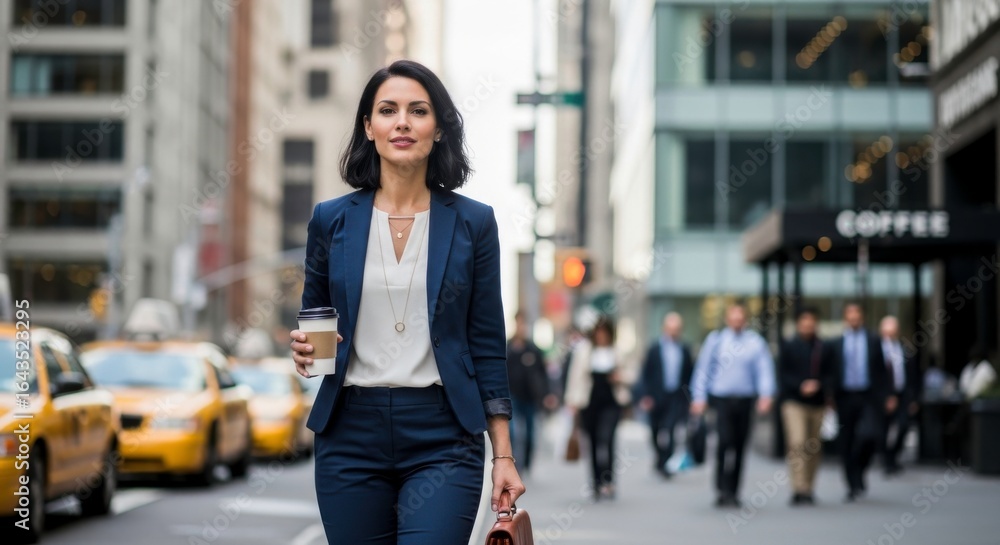 Fototapeta premium Businesswoman in a blue suit walking with coffee on a city street with yellow taxis and pedestrians