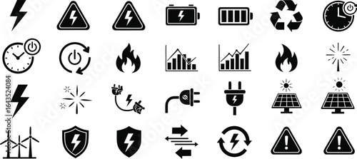 Electricity and energy icon set, network diagram, megawatt icons. Warning plug line editable icon set. Electrical distribution editable vector illustration 