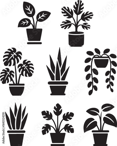 houseplant, collection, indoor, plant, potted, greenery, home, decor, urban, jungle, foliage, botanical, simple, icon, set, vector