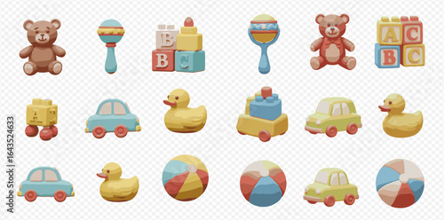 A large set of colorful 3D rendered baby toys, including teddy bears, cars, ducks, rattles, and alphabet blocks, isolated on a transparent background.