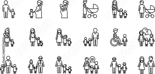 Social unit family outline icons. Single parent, kids icon editable vector illustration. Parenting family drawing line icon set