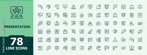 Presentation linear icon set. Trendy minimal icons. Contains such symbols as team, audience, brainstorm, present, seminar, speak, meeting. Vector illustration. Present vector icon set.