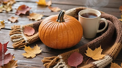Halloween video pumpkin, cup of coffee and plaid blanket on wooden surface