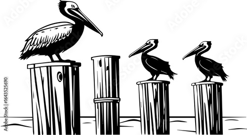 Pelicans Perched on Wooden Pilings