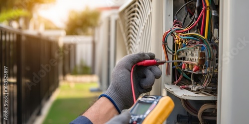 The technician servicing an air conditioning unit with diagnostic tools at sunset.