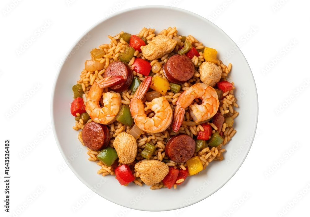 Fototapeta premium Perfectly composed Jambalaya with rice, shrimp, spicy sausage, chicken, vibrant vegetables, rich glossy sauce, isolated on transparent, no shadows, high-contrast, culinary excellence concept