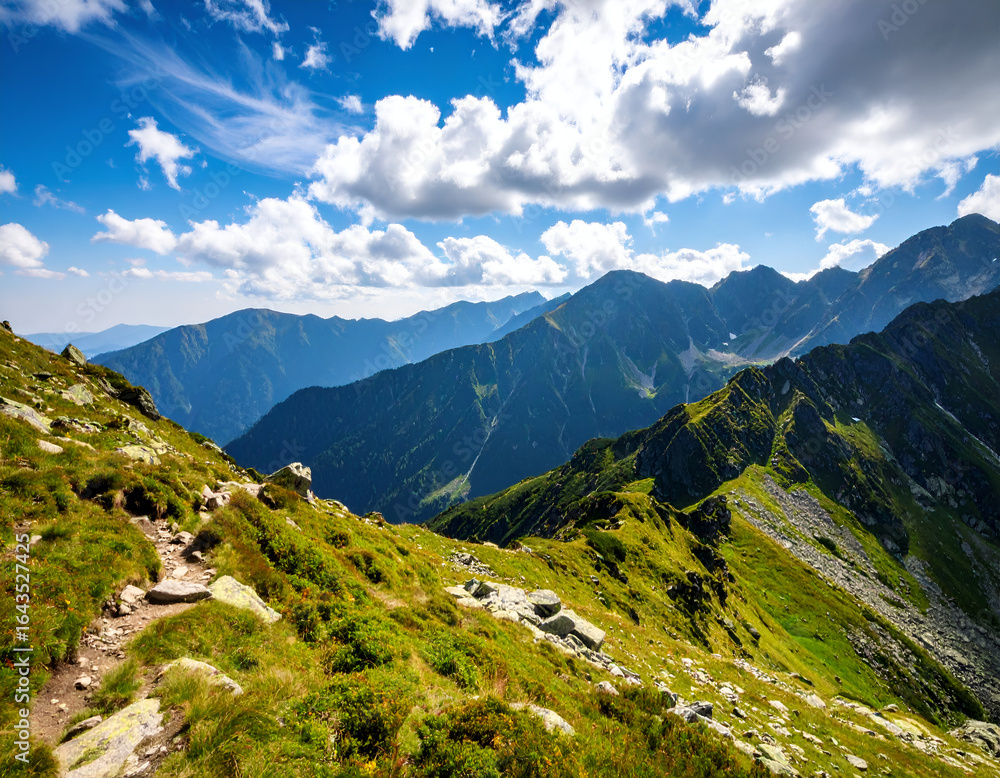 Obraz premium Expansive mountain vista with lush green slopes and dramatic peaks.