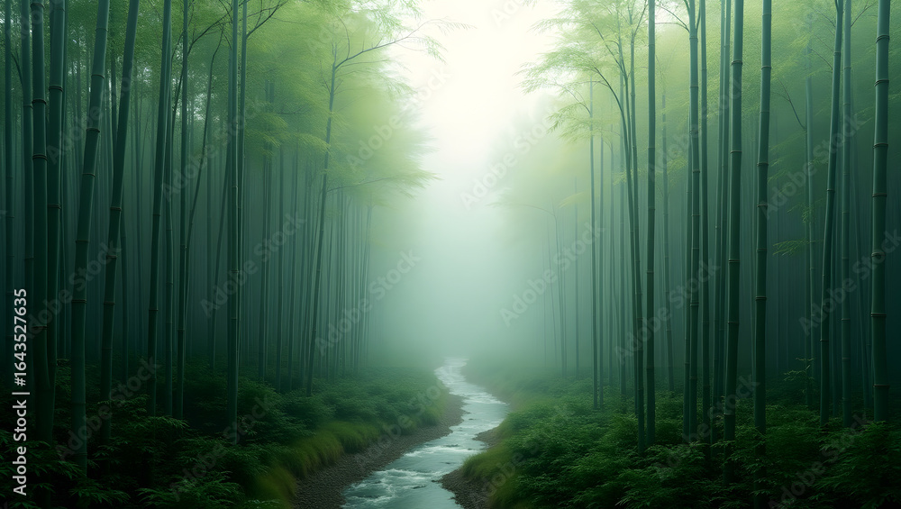Naklejka premium Serene Misty Bamboo Forest with Winding Path and Greenery