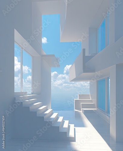 Modern, white interior with sky-high windows