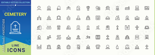 Cemetery modern line icon set. Thin UI icons. Includes symbols for horror, spider, witch, celebration, hat, holiday, halloween. Editable stroke collections. Ghost modern icon set.
