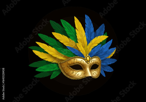 An ornate carnival mask with feathers in the colors of the Brazilian flag.