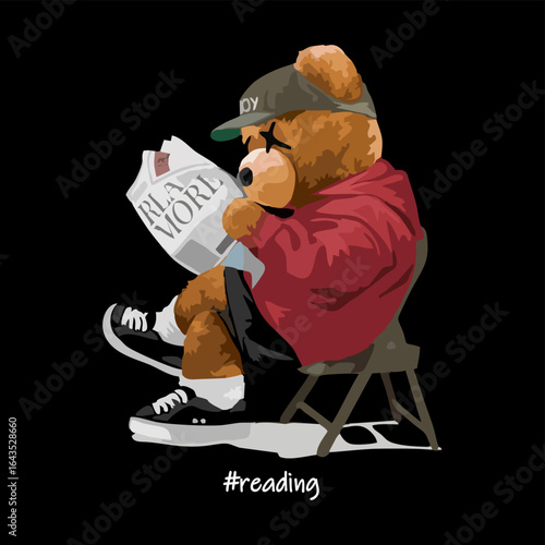 Graphic design of a teddy bear reading. Cool typography slogan. Cute teddy bear artwork for printed t-shirts, posters, stickers, and more.