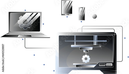 A variety of electronic devices are depicted in a minimalist black and white style.
