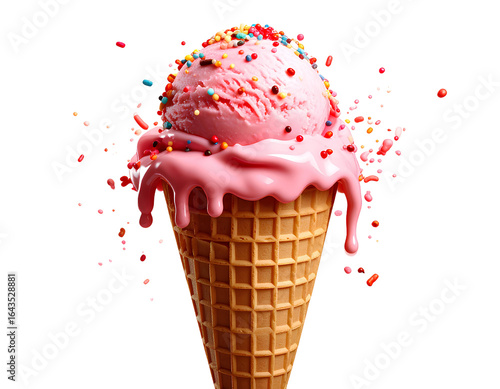 Realistic 3D illustration of a melting strawberry ice cream cone topped with sprinkle isolated on transparent background.