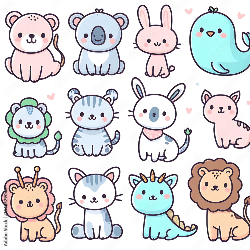 Fototapeta premium Cute Kawaii Animal Sticker Set