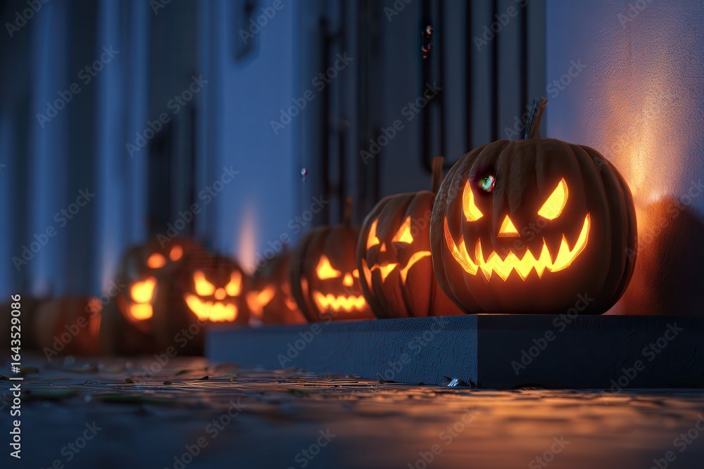 Fototapeta premium Glowing Jack o' Lanterns on a Dark Halloween Night