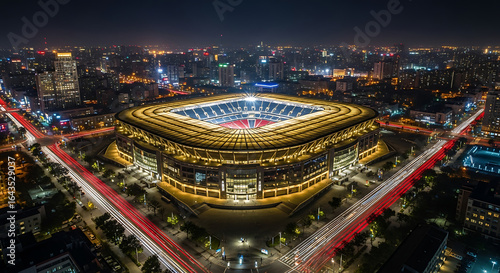 Spectacular aerial view of a modern sports stadium brilliantly illuminated at night, set against a sprawling urban cityscape with traffic light trails.