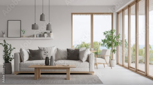 japandi living room, pendant lights, soft linen sofa, minimalist wood furniture, calm atmosphere
