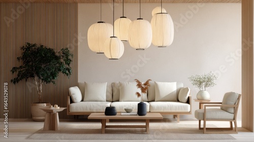 japandi living room, paper lantern pendant lights, neutral sofa, minimalist wood furniture, warm ambient lighting