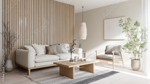 japandi living room, wood slat accent wall, neutral sofa, light wood floor, cozy calm atmosphere