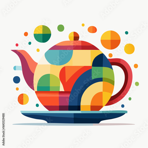 Vibrant and colorful teapot illustration with abstract geometric patterns. Modern kitchenware graphic in a pop art style.