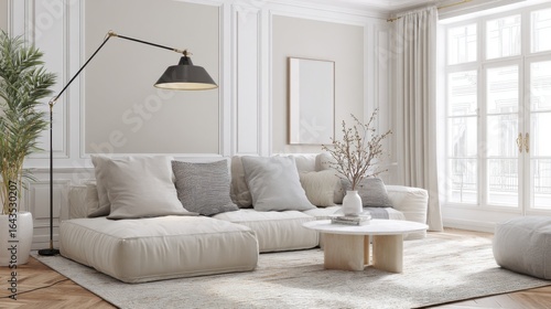 living room, oversized cushions, adjustable floor lamp, soft neutral tones, cozy vibe