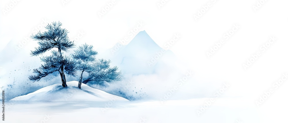 Fototapeta premium A serene winter landscape featuring snow-covered hills and delicate pine trees in soft blue tones.
