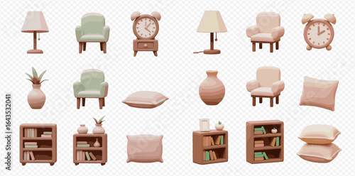 A 3D rendered collection of cozy home furniture and decor, including armchairs, lamps, clocks, and bookshelves in soft pastel colors.