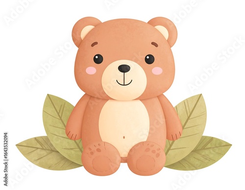 Cute teddy bear sitting on leaves