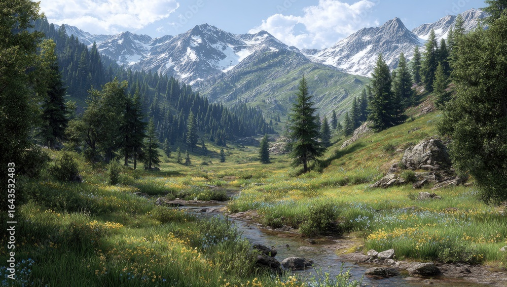 Fototapeta premium Mountain valley stream, wildflowers, sunny day, background peaks, travel poster