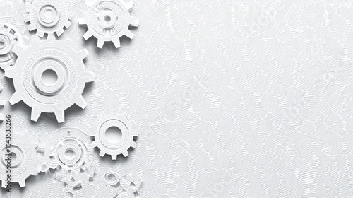 White gears arranged artistically on a textured white background, creating a clean and modern look.
