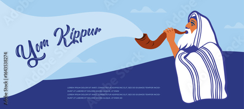 Jewish holiday Yom Kippur. Blowing the Shofar. man in a tallith, Jewish prayer shawl is blowing the shofar ram horn