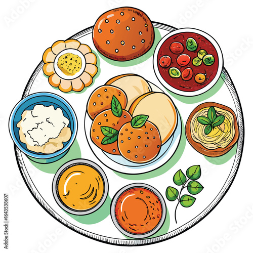 A colorful hand drawn illustration of a traditional indian thali meal served on a round platter with various curries breads and accompaniments