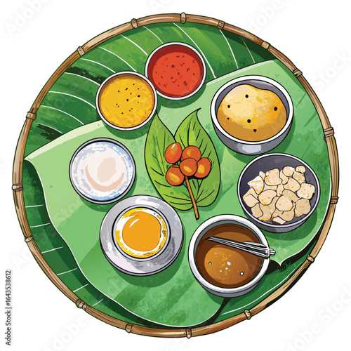 A vibrant illustration of a traditional indian thali meal served on a banana leaf within a bamboo tray showcasing various dishes