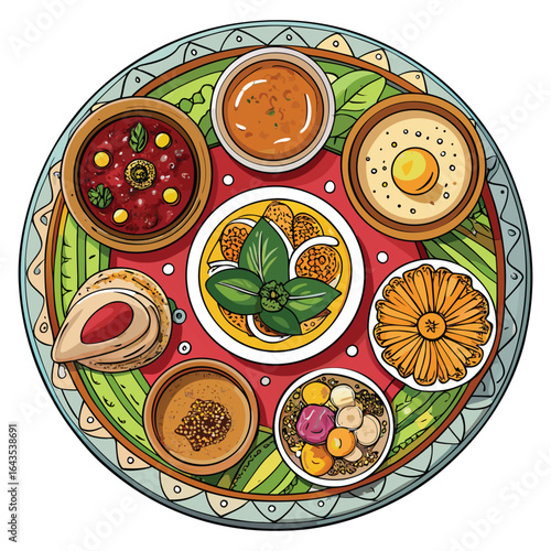 Vibrant indian thali illustration featuring diverse dishes and decorative elements on a circular plate
