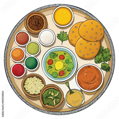 A vibrant and colorful illustration of a traditional indian thali meal featuring various curries breads and accompaniments