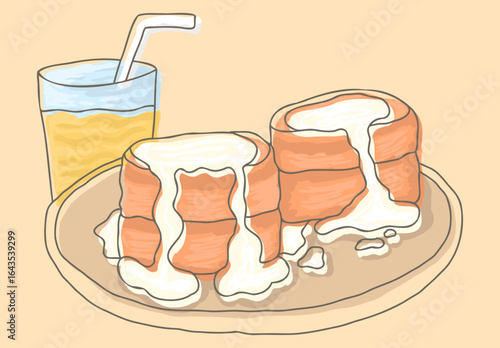 Hand drawn sweet bread rolls with cream topping and a glass of juice. Cute and appetizing dessert illustration, perfect for bakery, cafe, and menu designs.