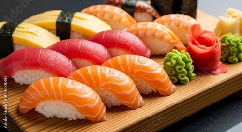 Artfully Arranged Japanese Nigiri Sushi Selection on a Wooden Board