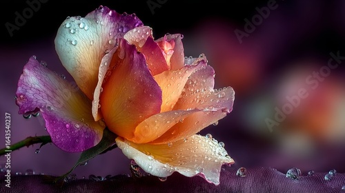 A beautiful bicolored rose with water droplets on its petals, showcasing its delicate beauty and vibrant colors in a soft, blurred background