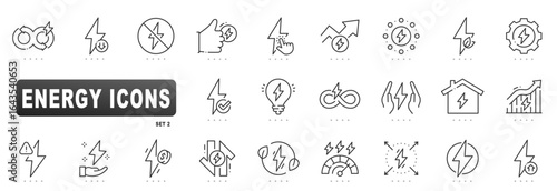 Outline energy icon set with electricity, power, renewable, efficiency, grid distribution, safety, home usage, optimization, editable stroke, battery monitoring