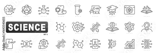 Science outline icons for research, laboratory experiments, chemistry, biology, physics, genetics, DNA, data analysis, education, innovation, technology, molecule editable stroke