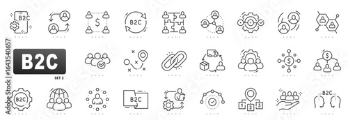 B2C outline icons for consumer ecommerce marketing and sales, showcasing conversion, targeting, loyalty, delivery logistics, mobile, global, analytics, editable stroke