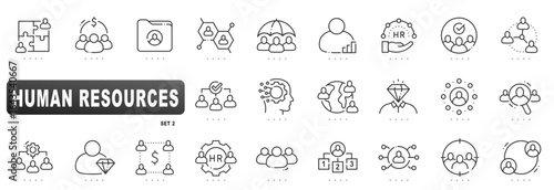 Human resources outline icons for recruitment, hiring, talent management, onboarding, payroll, benefits, performance analytics, diversity, inclusion, compliance, team training, evaluation