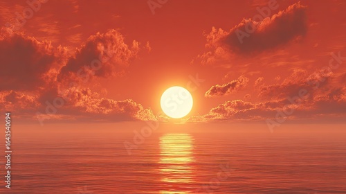 Fototapeta Naklejka Na Ścianę i Meble -  A red sunset over the ocean with the sun in the foreground, an orange sky, and a clear reflection on the water create a warm and romantic atmosphere, perfect for poster or banner design.