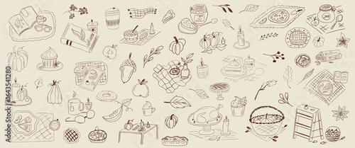 Autumn food whimsical clipart hand drawn crayon texture. Food autumn with pumpkin, leaf and cake. Cute sketch crayon hand drawn chalk simple line